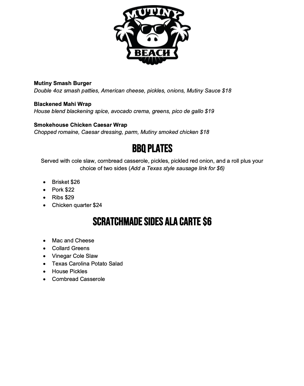 Mutiny BBQ Menu Asbury Park NJ