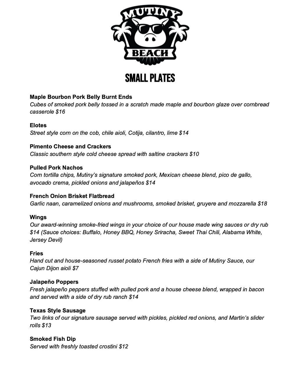 Mutiny BBQ Menu Asbury Park NJ