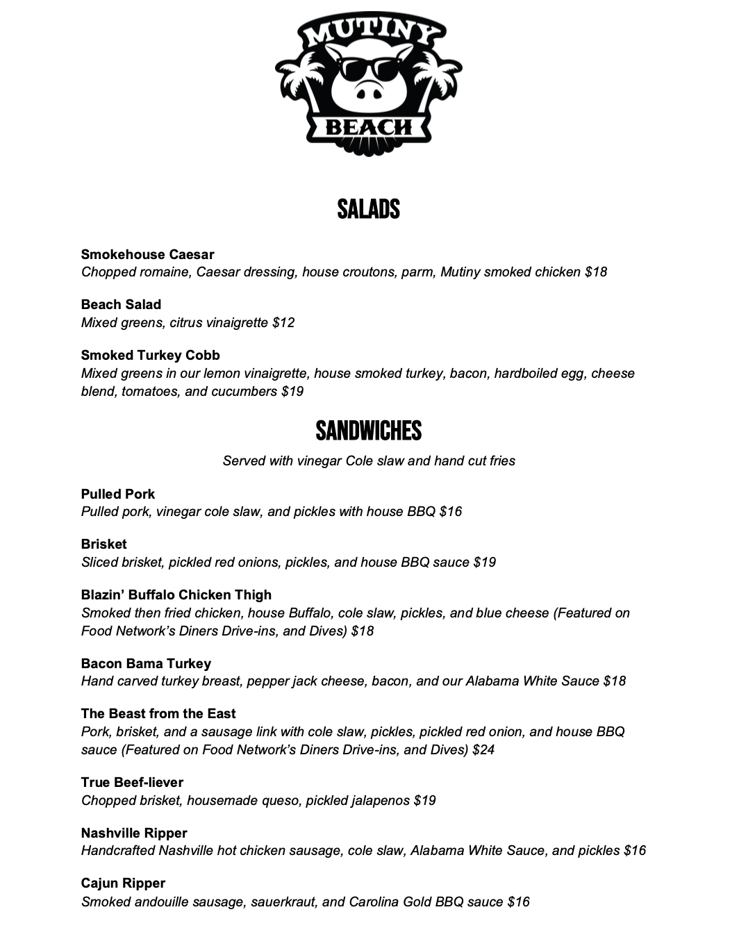 Mutiny BBQ Menu Asbury Park NJ